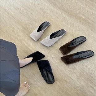 平跟鞋 春夏小众方头丝绒V口软平底拖鞋 女外穿2024新款 包头半拖鞋
