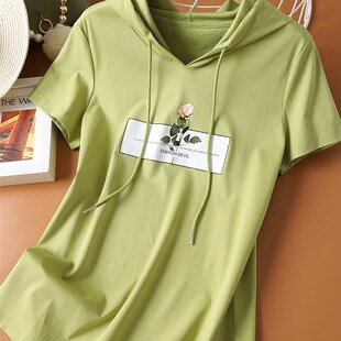 果绿色短袖薄款纯棉帽衫上衣女修身气质印花丝光棉连帽短袖t恤女