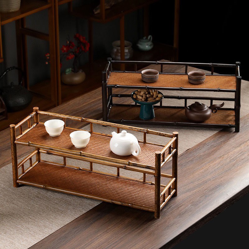 梅鹿竹双层壶架原竹茶棚茶道收纳柜博古架小摆件S茶杯架茶具置物