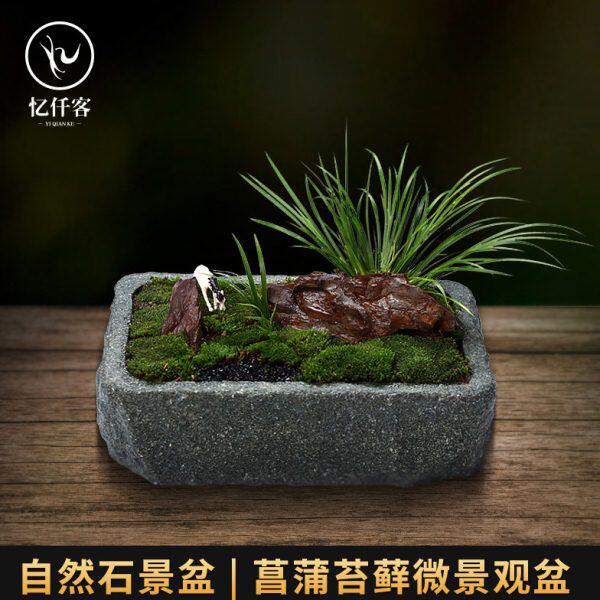 忆仟客青石盆菖蒲盆小石槽养鱼石头盆景盆复古大号盆景花盆长石盆