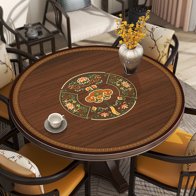 新中式实木大圆桌桌布圆r形双层餐桌带转盘桌垫防水防油免洗皮革