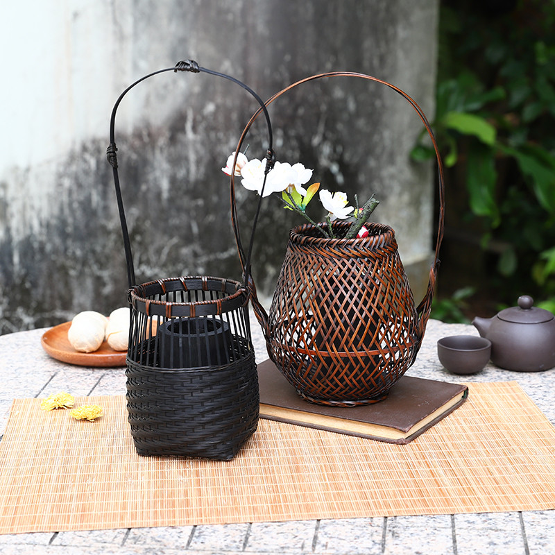 手工竹编花篮插花花器花瓶花入花架水G培日式花道装饰摆件复古禅