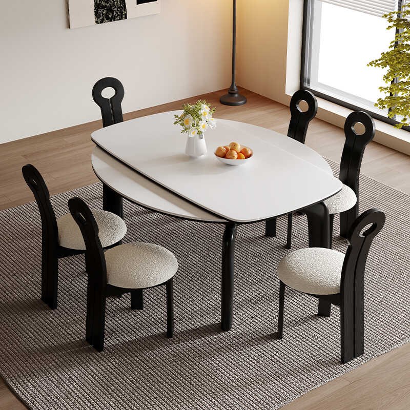 奶油风实木伸缩岩板餐桌现代简约小户型白蜡木可变圆Y形餐桌椅组