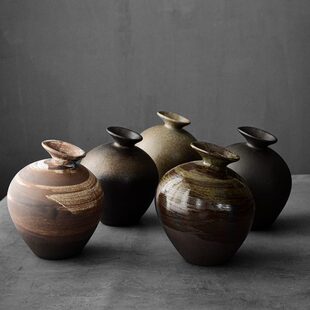 粗陶花器日式小花瓶桌面干花插水培装饰摆件家居茶室简约古朴釉陶