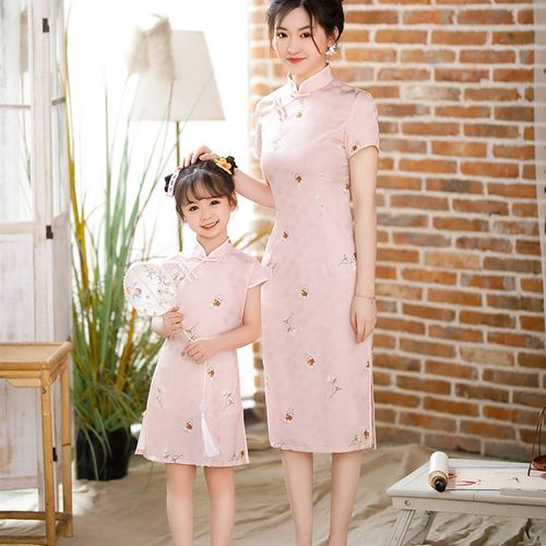 2023亲子旗袍母女装夏新款复古旗袍女童连衣裙修身显瘦洋气中长款