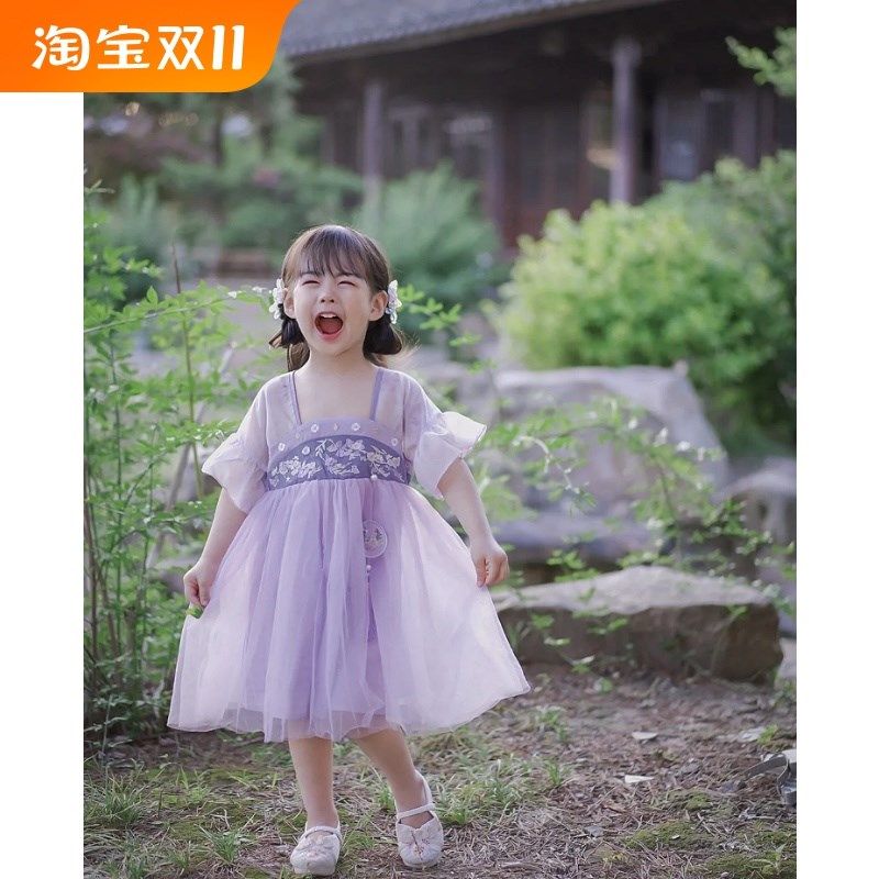 女童汉服儿童国风女童夏季连衣裙儿童网纱梦幻紫改良唐代日常短袖