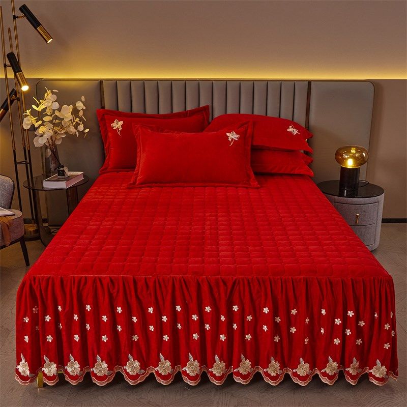 刺绣夹棉床裙式床罩单件水晶牛奶绒防滑席梦思保护套保暖被套床套