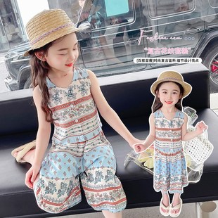 女童棉绸套装24夏季海边衣服沙滩服度假风背心阔腿裤人造棉两件套