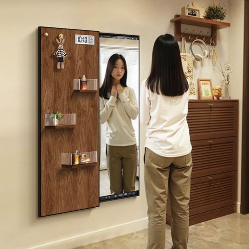 中古风隐藏式推拉镜立体收纳可关闭穿衣镜带时钟暗藏式全身镜挂画