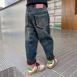 裤 女童牛仔裤 女大童加厚一体绒儿童冬装 洋气哈伦裤 子 加绒加厚冬季