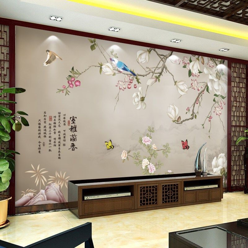 新中式花鸟电视背景墙壁纸简约现代装饰客厅影视墙布壁画定制墙纸,家装主材,无纺布墙纸,淘宝优惠券,粉丝福利购,淘宝优惠卷