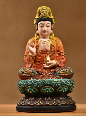 花梨实木雕刻观音菩萨佛像摆件新中式彩绘坐莲观音家居客厅装饰品