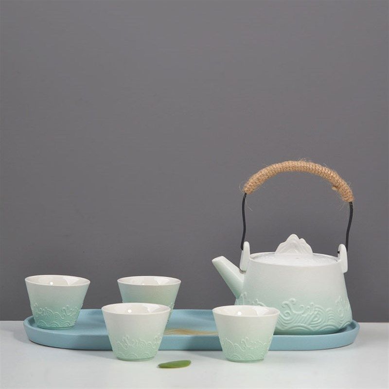 浮雕茶具套装一壶四杯提梁壶椭圆茶盘家用泡茶壶把手壶简易小套装,餐饮具,整套茶具,淘宝优惠券,粉丝福利购,淘宝优惠卷