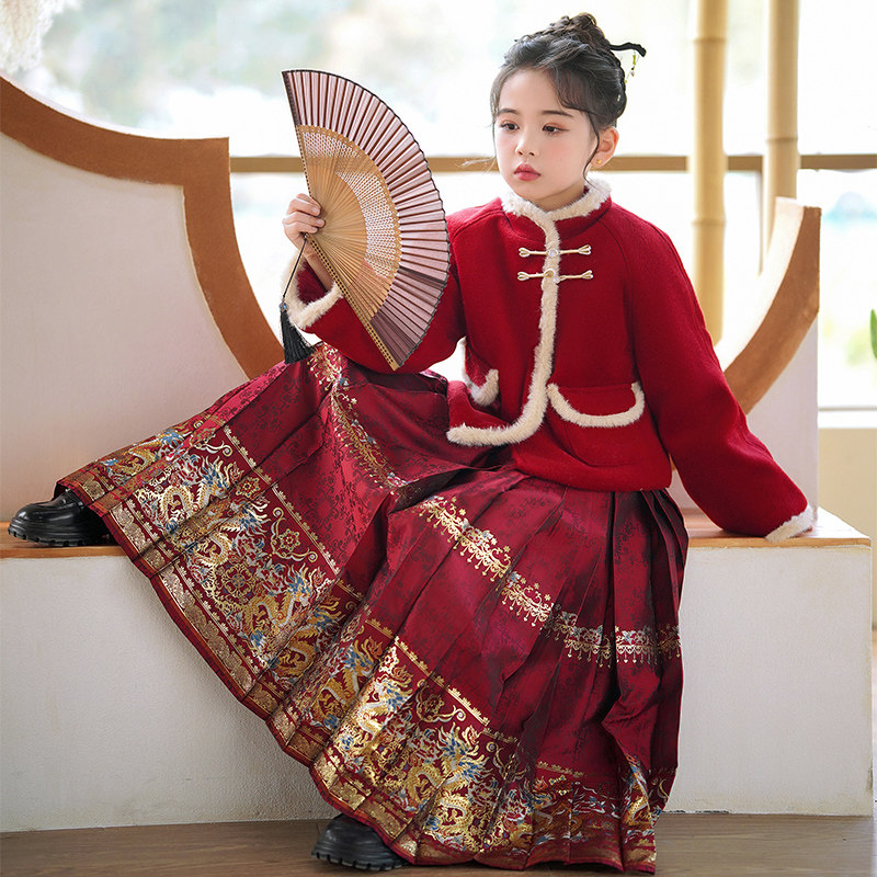 女童马面裙套装秋冬款2024新款儿童冬装新中式国风汉服女孩拜年服