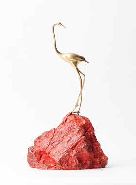 新中式山顶铜鹤摆件样板间民宿书房客厅玄关电视柜桌面软装饰品