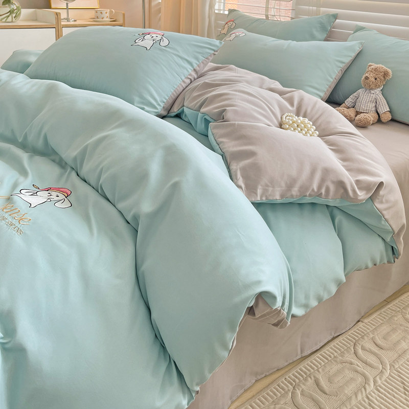 简约公主风床上四件套全棉刺绣魅兔纯棉被罩少女心床单床笠水洗棉
