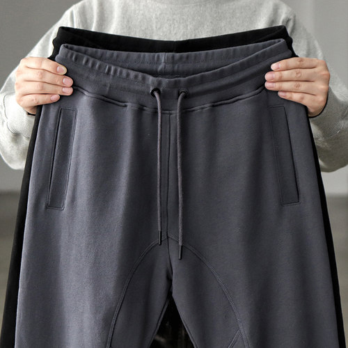 460G重磅束脚卫裤男运动抽绳黑色纯棉小脚毛圈针织休闲裤子男秋季