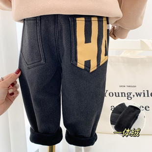 弹力老爹裤 男童加绒裤 儿童韩版 加厚一体绒牛仔裤 潮 子洋派小童冬季