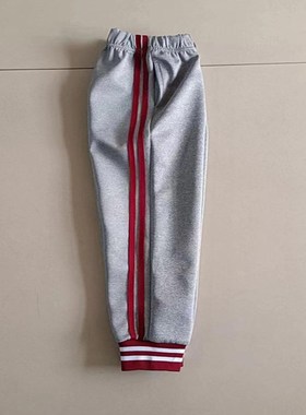中小学生新款春秋中腰灰色拼接两道酒红杠宽松束脚校服长裤可定做