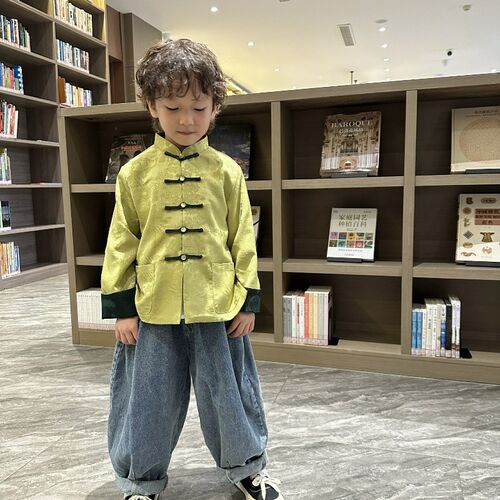 23新款新中式唐装男女童汉服清新时髦撞色宝宝上衣双层提花外套秋