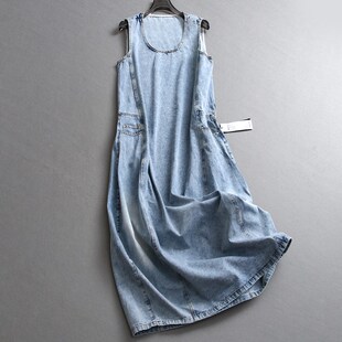 蓝色水洗磨白侧边口袋宽松纯棉花苞裙圆领女背心裙牛仔连衣裙Z639