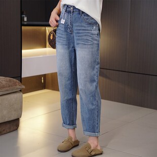 初夏 120-200斤胖mm高腰遮肉小破洞哈伦裤大码女装时尚百搭直筒裤