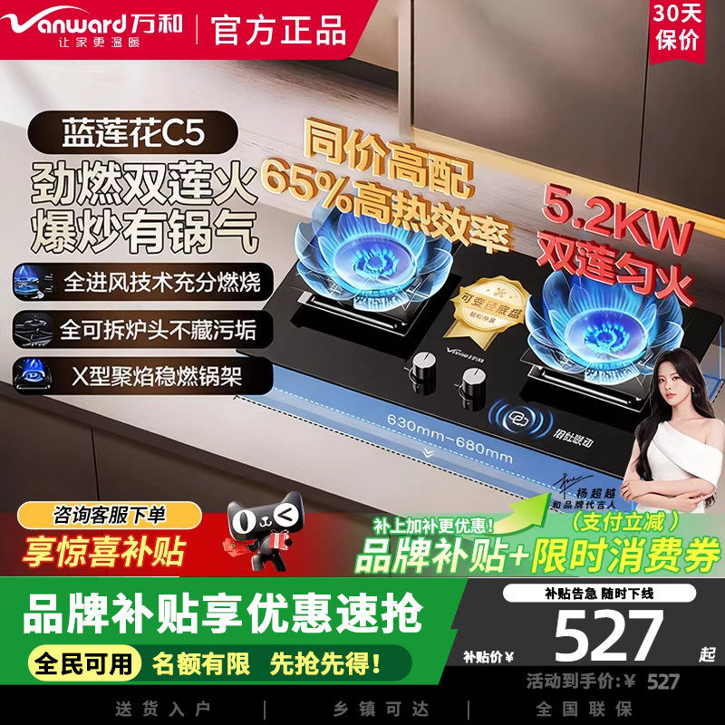 万和C5L90S天然气燃气灶5.2kW猛火嵌入式家用煤气双炉具65%热效率