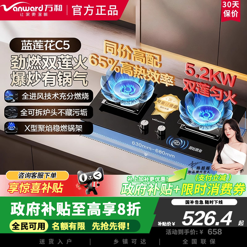 万和C5L90S天然气燃气灶5.2kW猛火嵌入式家用煤气双炉具65%热效率