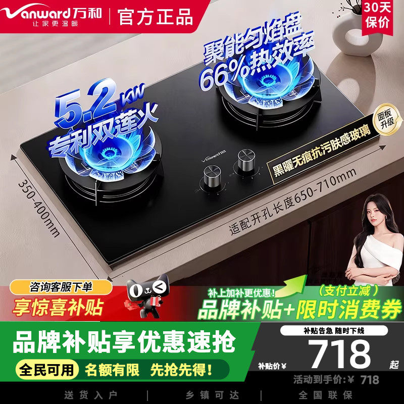万和蓝莲花C7L50无痕面板天然气燃气灶5.2kW猛火嵌入式家用双炉台