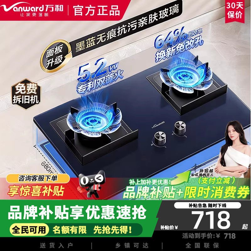 万和蓝莲花燃气灶5.2kW墨蓝无痕嵌入式家用煤气双炉具台C6L01