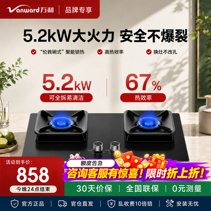 万和小黑盾P7B50A6无痕合金防爆面板天然气燃气灶5.2kW家用双炉具