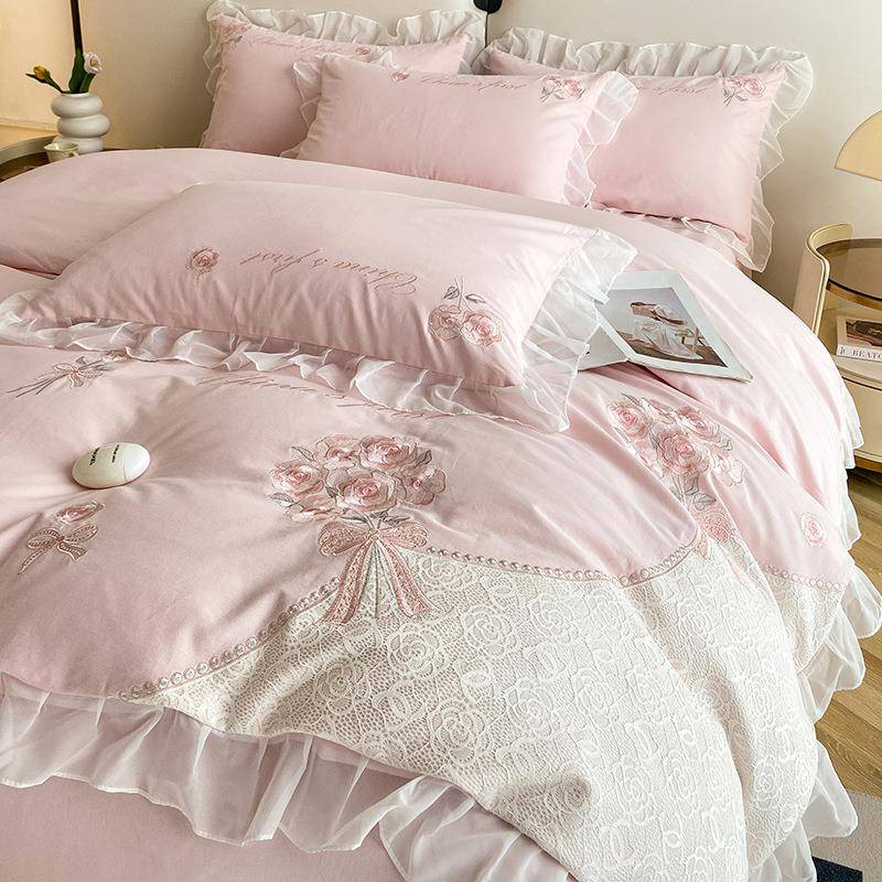 法式少女心全棉磨毛贴布绣花四件套花卉刺绣轻奢被套纯棉床上用品