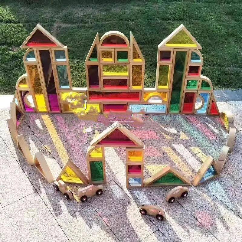 68粒超大亚克力积木榉木56片盒装亚克力积木112粒彩色松木积木