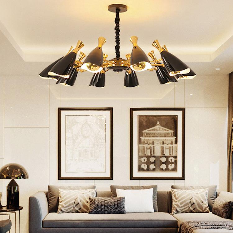 北欧客厅吊灯个性创意设计师后现代吊灯餐厅卧室黑加金喇叭吊灯