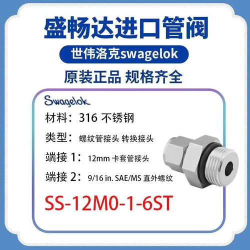 SS-12M0-1-6STSwagelok世伟洛克12mmx9/16-18SAE/MS