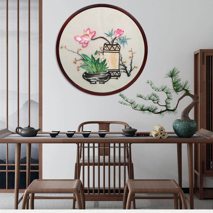 湘绣新中式圆形挂画成品手工刺绣画客厅茶室壁画玄关墙画实木外框