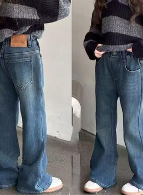 现货波拉BORA韩国童装女童微喇牛仔裤24冬款儿童加厚一体绒长裤子