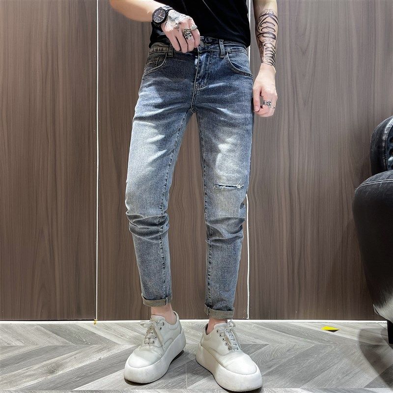 2024新款磨破牛仔裤修身小脚裤韩版潮流男士弹力九分裤潮男裤子