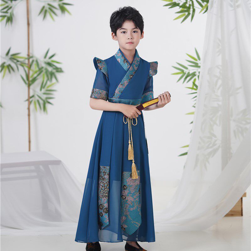 新款汉服男童夏季古装薄款儿童高端雪纺短袖中国风透气国学演出服