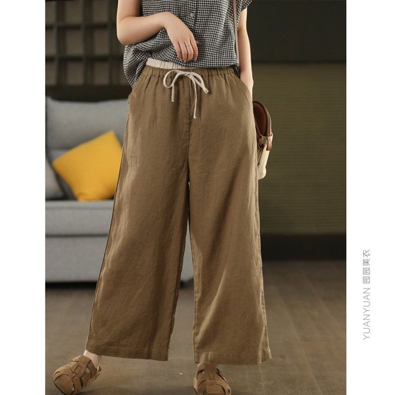 园园美衣覆古100%汉麻直筒裤女拼色松紧腰系带阔腿裤文艺麻裤长裤,女装/女士精品,休闲裤,淘宝优惠券,粉丝福利购,淘宝优惠卷