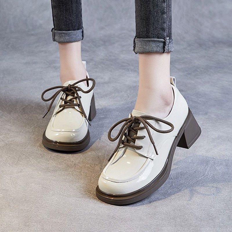 英伦风圆头系带真皮小皮鞋2024新款时尚粗跟牛皮深口单鞋舒适女鞋,女鞋,深口单鞋,淘宝优惠券,粉丝福利购,淘宝优惠卷