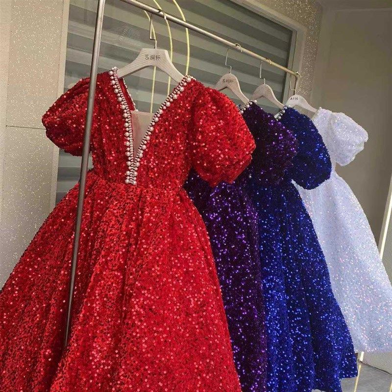 儿童晚礼服生日小主持人钢琴演奏演出服亮片高级感女童蓬蓬公主裙