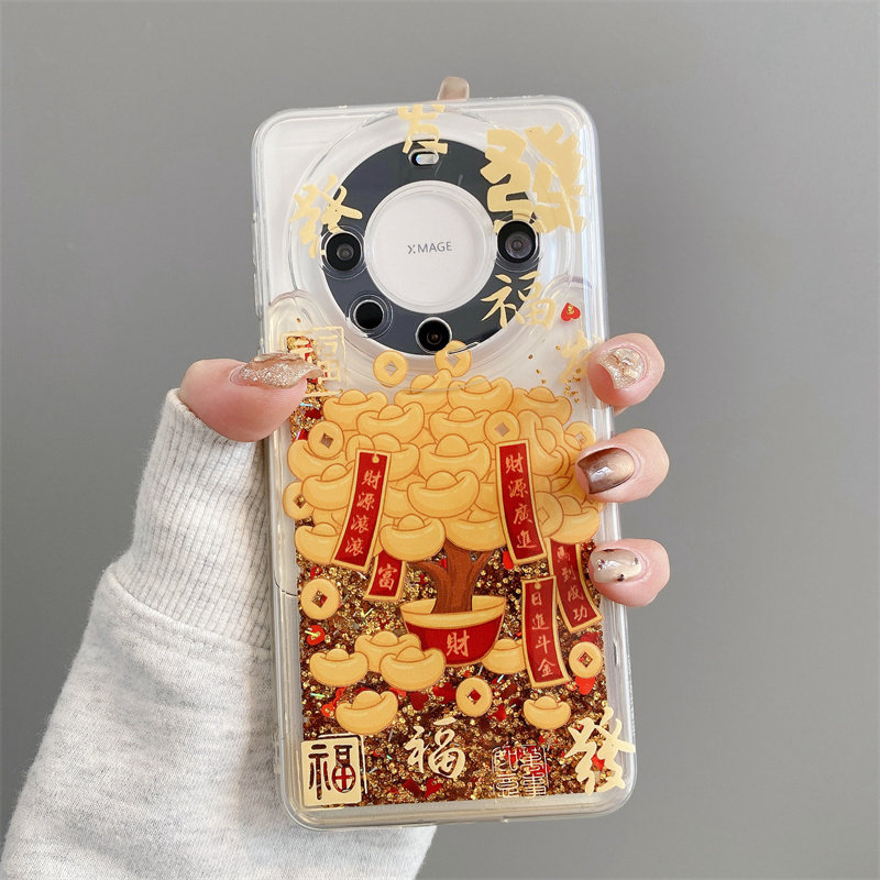 新年喜庆發财适用华为MATE80PRO手机壳70女p60/pura70金色流沙福发财树荣耀200/100液体小米15硅胶软财源滚滚