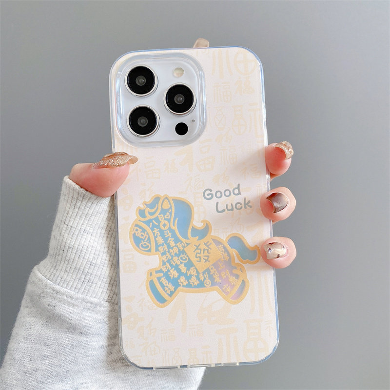 高级感适用iphone17ProMax手机壳女镭射苹果16卡通15Pro可爱14/13/12/11百福小马透明硅胶软壳男新年2026喜庆