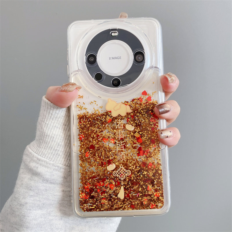 新年喜庆卡通可爱小马适用华为MATE80PRO手机壳70女p60/pura70金色流沙诸事皆顺荣耀200/100液体小米15硅胶软