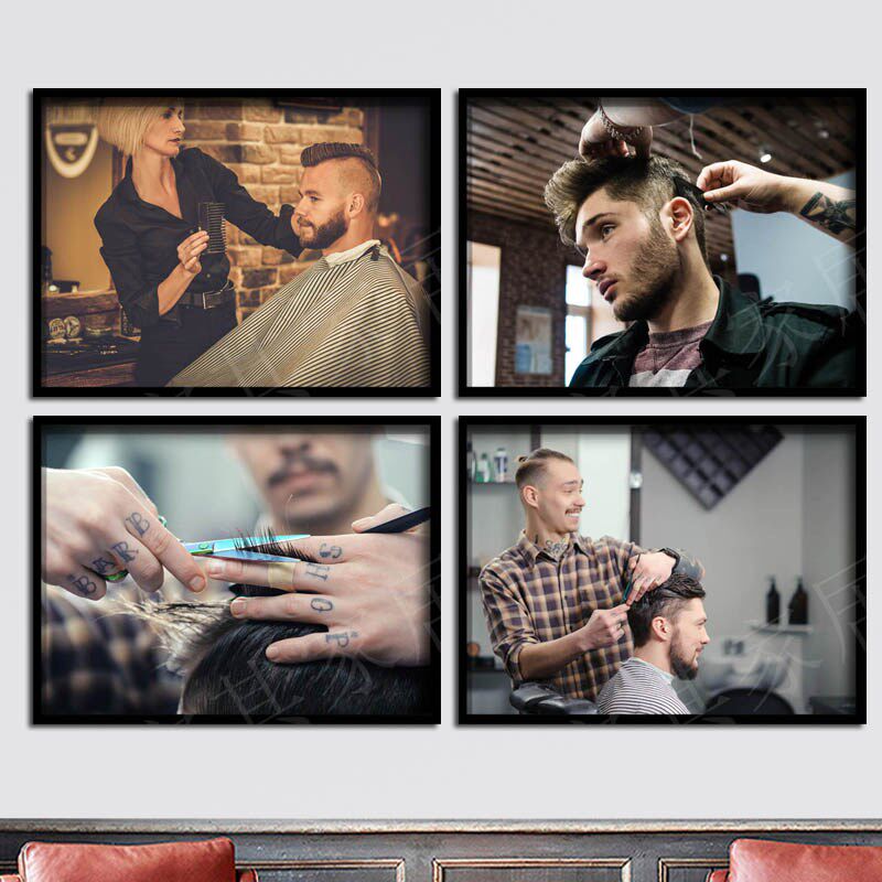 复古男士油头发型装饰画美发店图片海报发廊造型油头馆挂画有框画