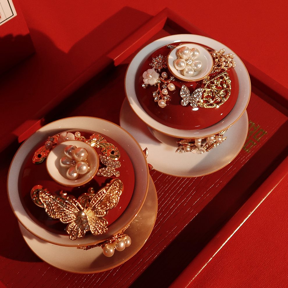 手工结婚敬茶杯红色喜杯套装一对新人改口杯喜庆盖碗陪嫁婚庆用品