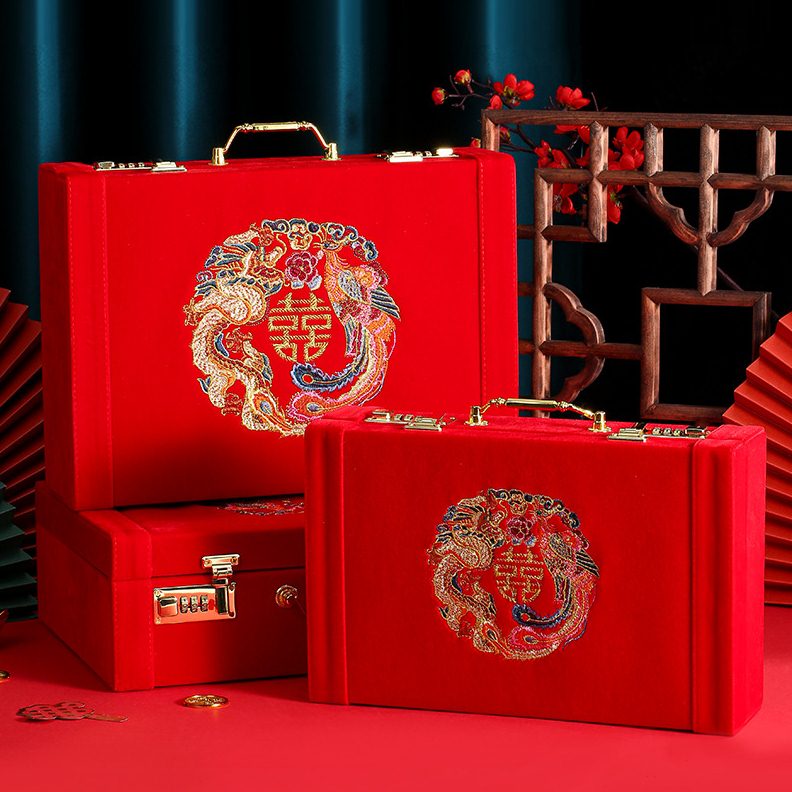 结婚彩礼收纳箱定亲礼金箱结婚用木质皮面密码锁级感婚品箱