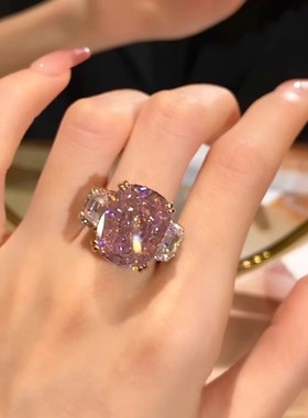 粉色爆闪方钻锆石戒指女小众设计食指戒轻奢精致高级感多切面指环