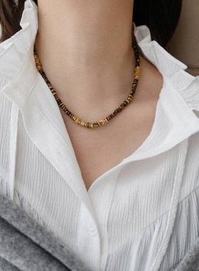 美拉德风天然虎眼石隔片串珠项链女锁骨链颈链叠戴高级感小众复古